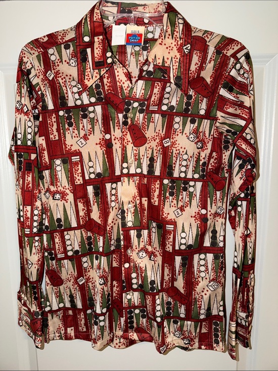 Put on Shop Tops - Button-Down Novelty Backgammon Print Shirt - Vegas Dice Vintage LS Sears Sz S